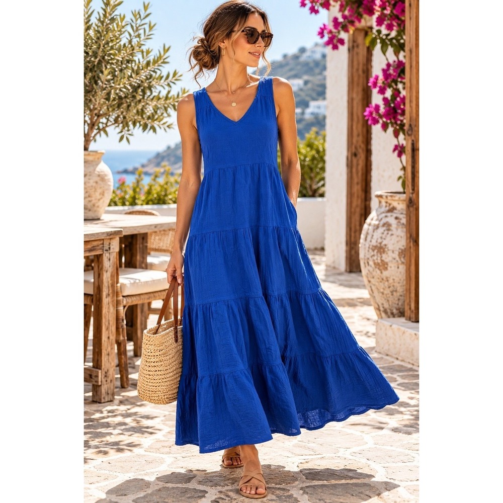Quince XS Cobalt Blue Organic Cotton Tiered Maxi Dress Sleeveless Boho NWOT